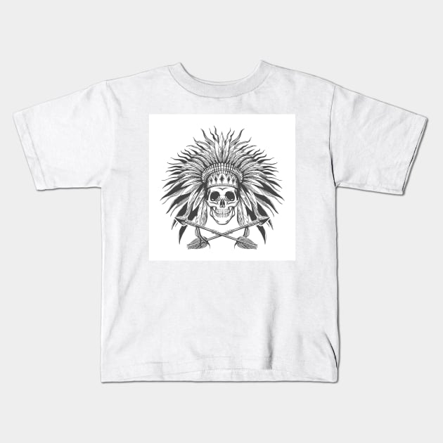 Skull in Indian War Bonnet and Arrows Tattoo Kids T-Shirt by devaleta